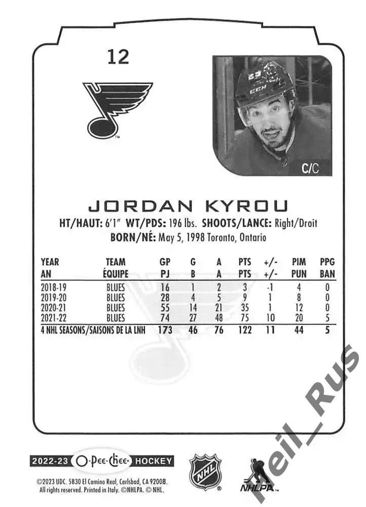 Хоккей Карточка Jordan Kyrou/Джордан Кайру St Louis Blues/Сент-Луис Блюз НХЛ-NHL 1