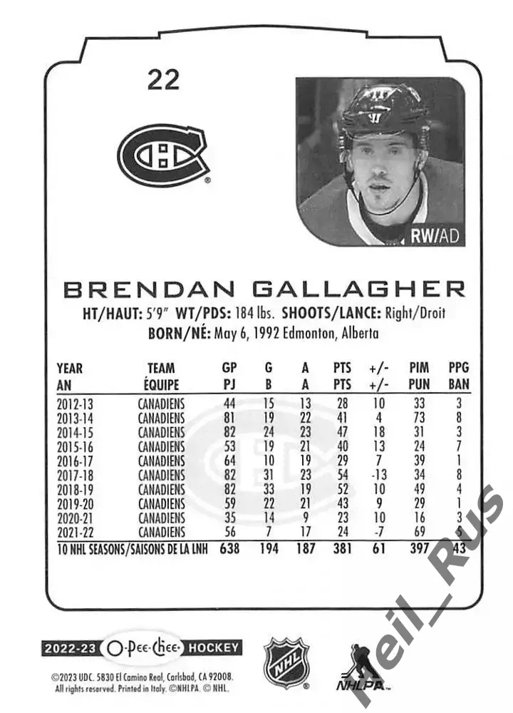 Карточка Brendan Gallagher/Брендан Галлахер Montreal Canadiens/Монреаль NHL/НХЛ 1
