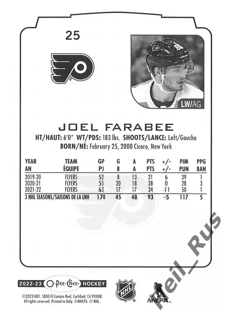 Карточка Farabee/Джоэл Фараби (Philadelphia Flyers/Филадельфия Флайерз) НХЛ-NHL 1