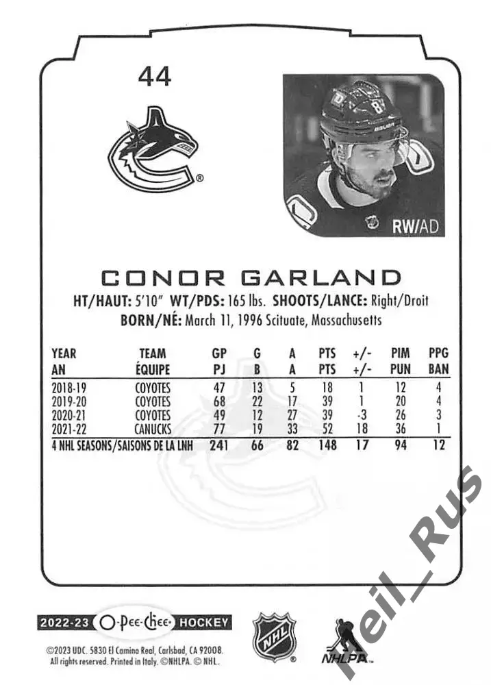 Карточка Conor Garland/Конор Гарланд (Vancouver Canucks/Ванкувер Кэнакс) НХЛ NHL 1