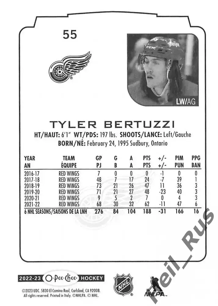 Хоккей Карточка Tyler Bertuzzi/Тайлер Бертуцци Detroit Red Wings/Детройт NHL-НХЛ 1