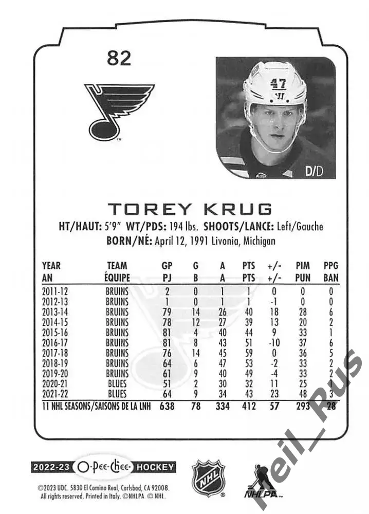 Хоккей. Карточка Torey Krug/Тори Круг (St. Louis Blues/Сент-Луис Блюз) НХЛ / NHL 1