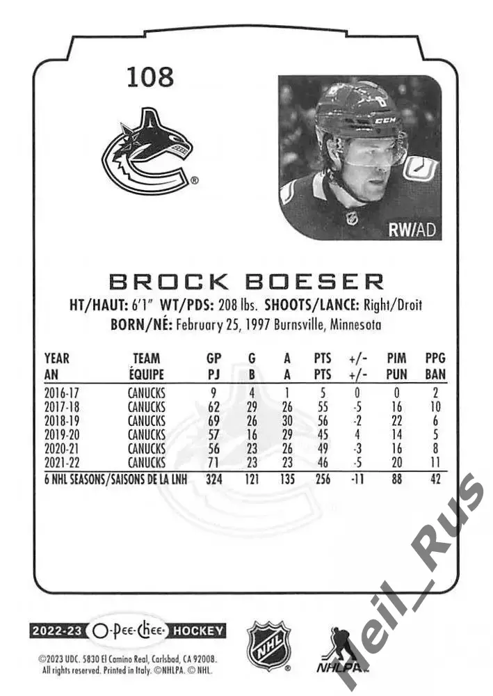 Карточка Brock Boeser / Брок Бесер (Vancouver Canucks / Ванкувер Кэнакс) НХЛ/NHL 1