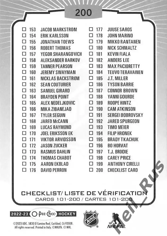 Хоккей. Карточка Checklist/Чеклист коллекции 2022-2023 O-Pee-Chee Hockey НХЛ/NHL 1