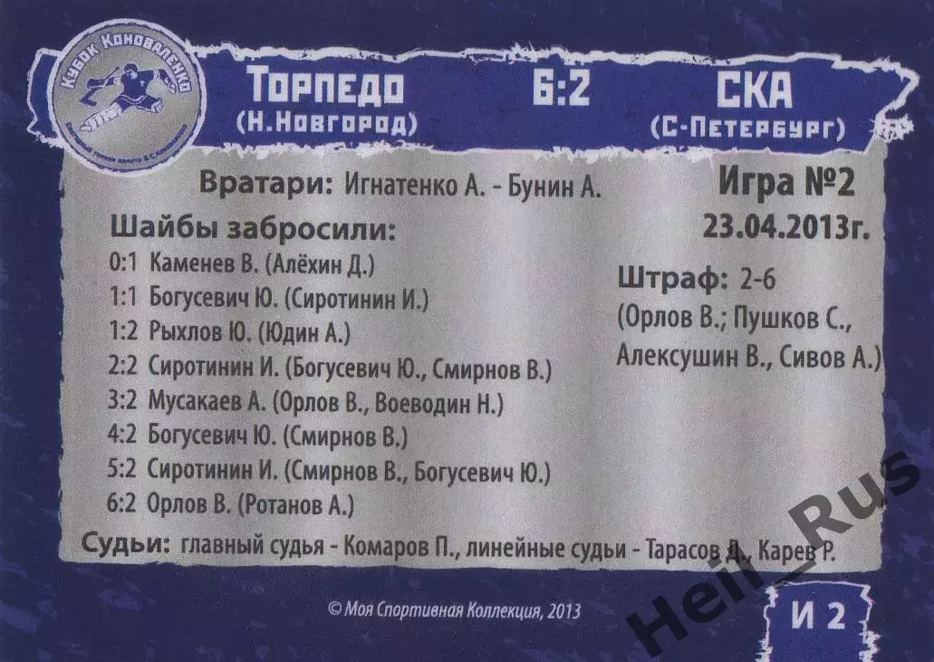 Карточка игра Торпедо Нижний Новгород/СКА Санкт-Петербург Кубок Коноваленко 2013 1