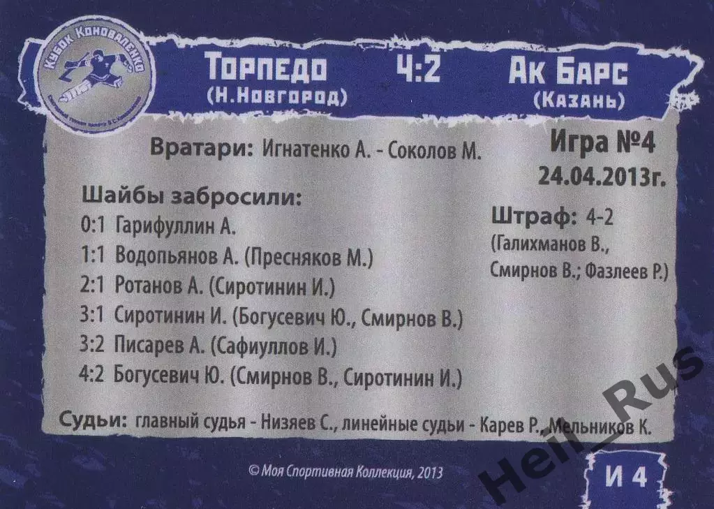 Карточка игра Торпедо Нижний Новгород/Ак Барс Казань Кубок Коноваленко 2013 1