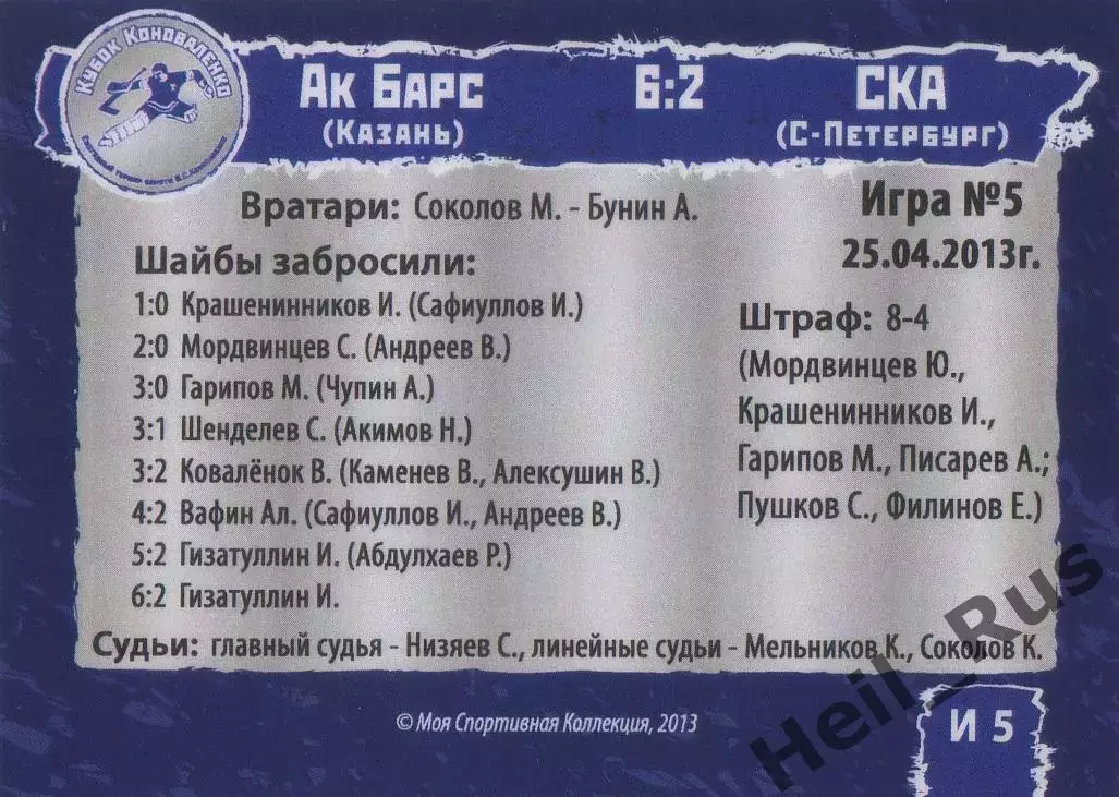 Хоккей. Карточка игра Ак Барс Казань/СКА Санкт-Петербург Кубок Коноваленко 2013 1