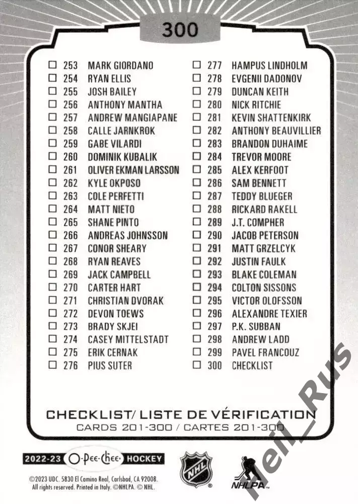 Хоккей. Карточка Checklist/Чеклист коллекции 2022-2023 O-Pee-Chee Hockey НХЛ/NHL 1
