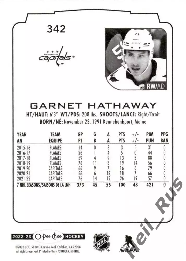Карточка Hathaway/Гарнет Хэтэуэй Washington Capitals/Вашингтон Кэпиталз НХЛ/NHL 1