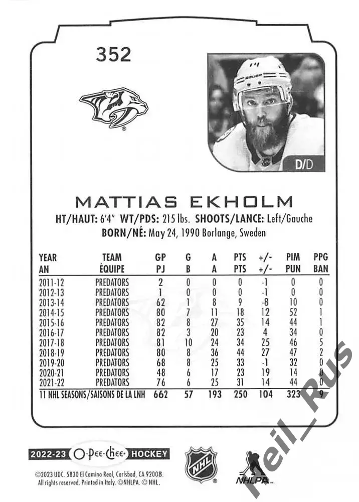 Карточка Mattias Ekholm/Маттиас Экхольм (Nashville Predators/Нэшвилл) НХЛ / NHL 1