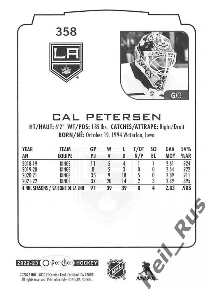 Карточка Cal Petersen/Кэл Петерсен Los Angeles Kings/Лос-Анджелес Кингз НХЛ/NHL 1