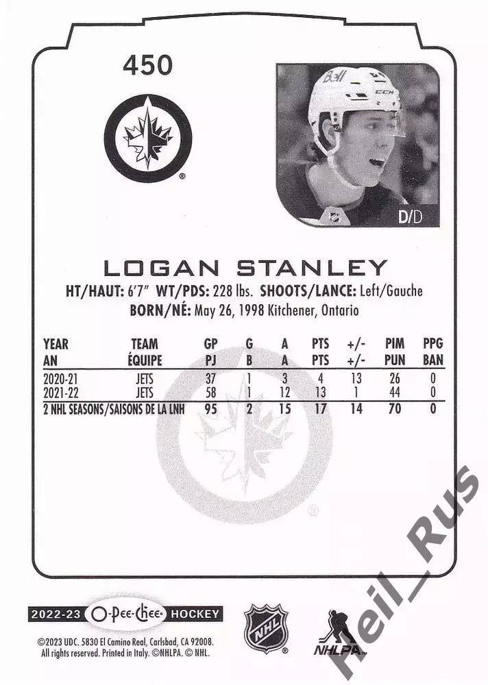 Хоккей. Карточка Logan Stanley/Логан Стэнли Winnipeg Jets/Виннипег Джетс НХЛ/NHL 1
