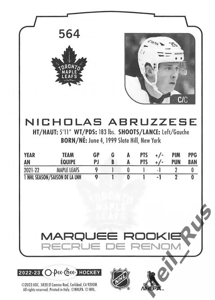 Хоккей. Карточка Abruzzese/Николас Абруццезе Toronto Maple Leafs/Торонто NHL/НХЛ 1