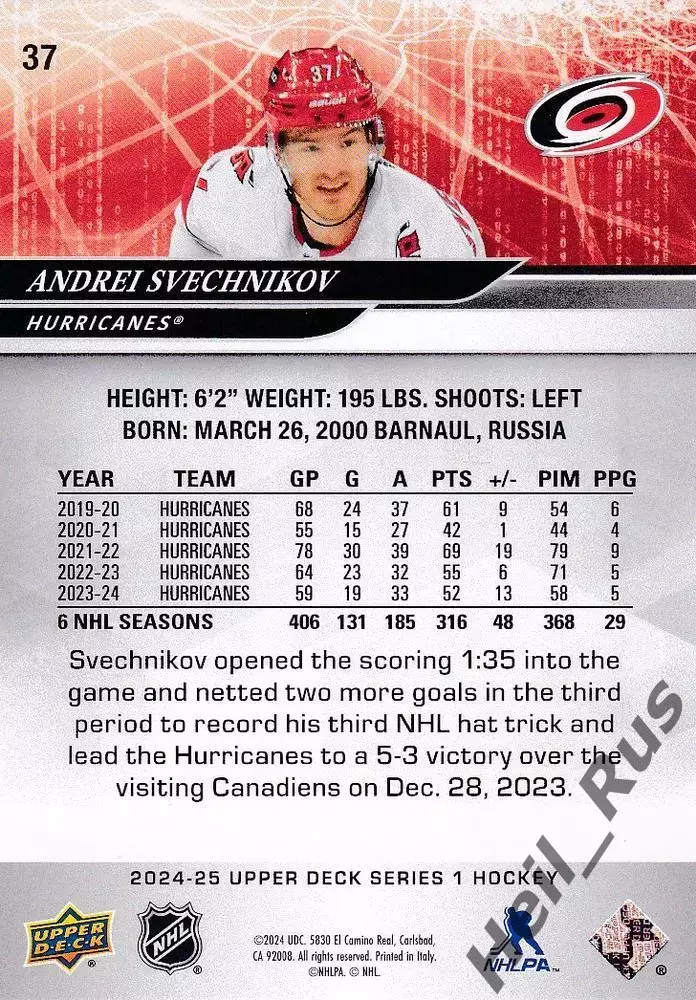 Хоккей; Карточка Андрей Свечников Carolina Hurricanes/Каролина, Ак Барс НХЛ-NHL 1