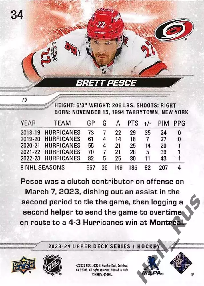 Хоккей. Карточка Brett Pesce/Бретт Пеше (Carolina Hurricanes/Каролина) НХЛ/NHL 1