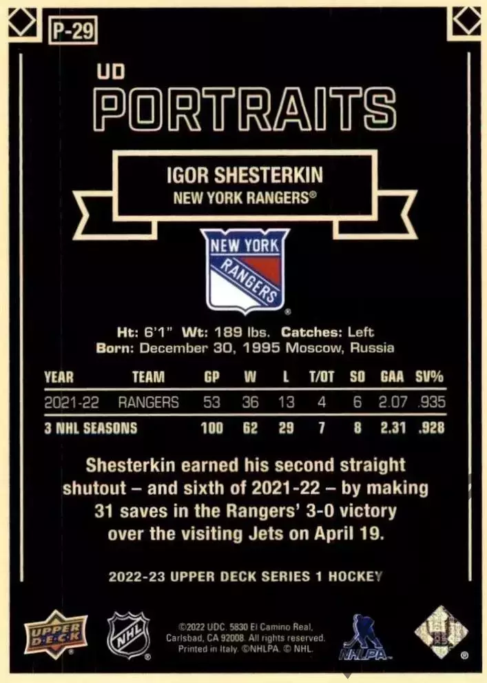 Карточка Игорь Шестеркин New York Rangers/Нью Йорк Рейнджерс Спартак/СКА НХЛ/КХЛ 1