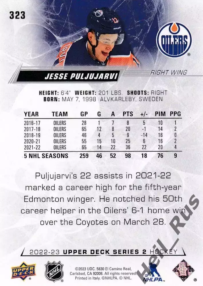 Карточка Jesse Puljujarvi/Ессе Пульюярви Edmonton Oilers/Эдмонтон Ойлерз NHL-НХЛ 1