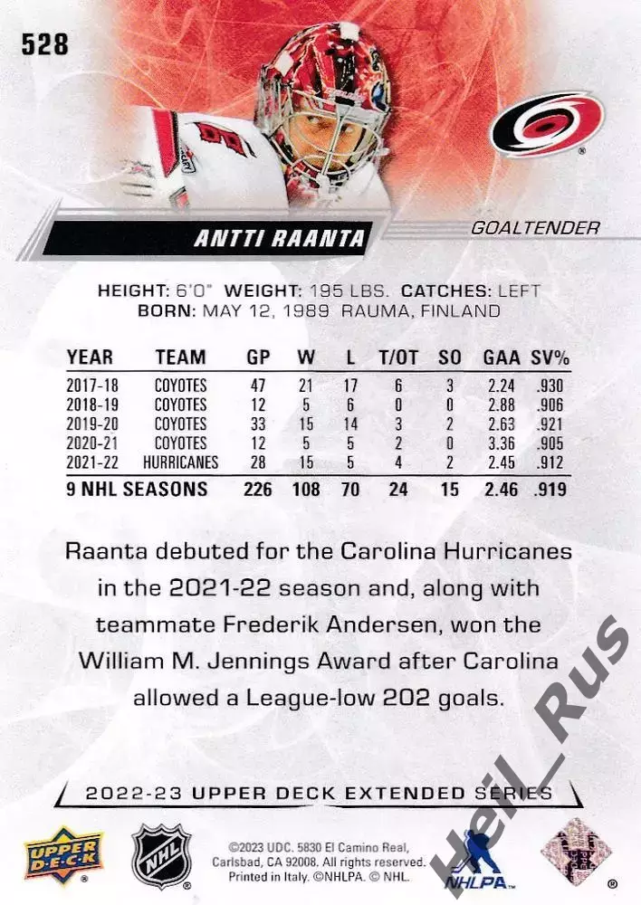 Хоккей. Карточка Antti Raanta/Антти Раанта Carolina Hurricanes/Каролина НХЛ/NHL 1