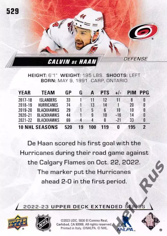Карточка Calvin de Haan/Кэлвин Де Хаан (Carolina Hurricanes/Каролина) НХЛ/NHL 1