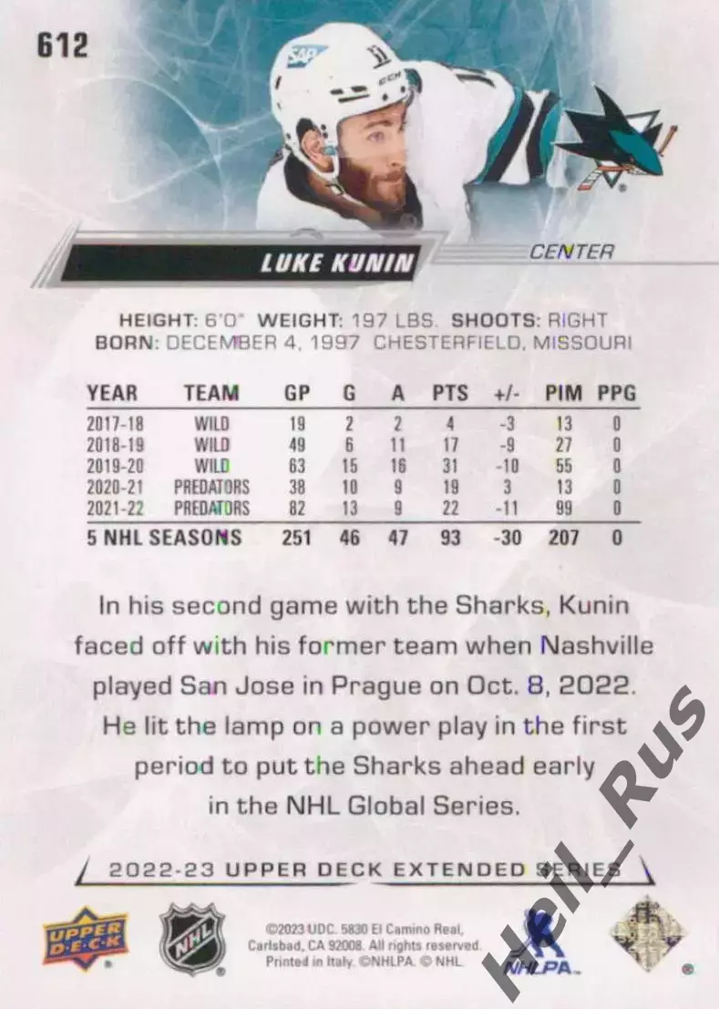 Хоккей. Карточка Luke Kunin/Люк Канин (San Jose Sharks/Сан-Хосе Шаркс) НХЛ/NHL 1
