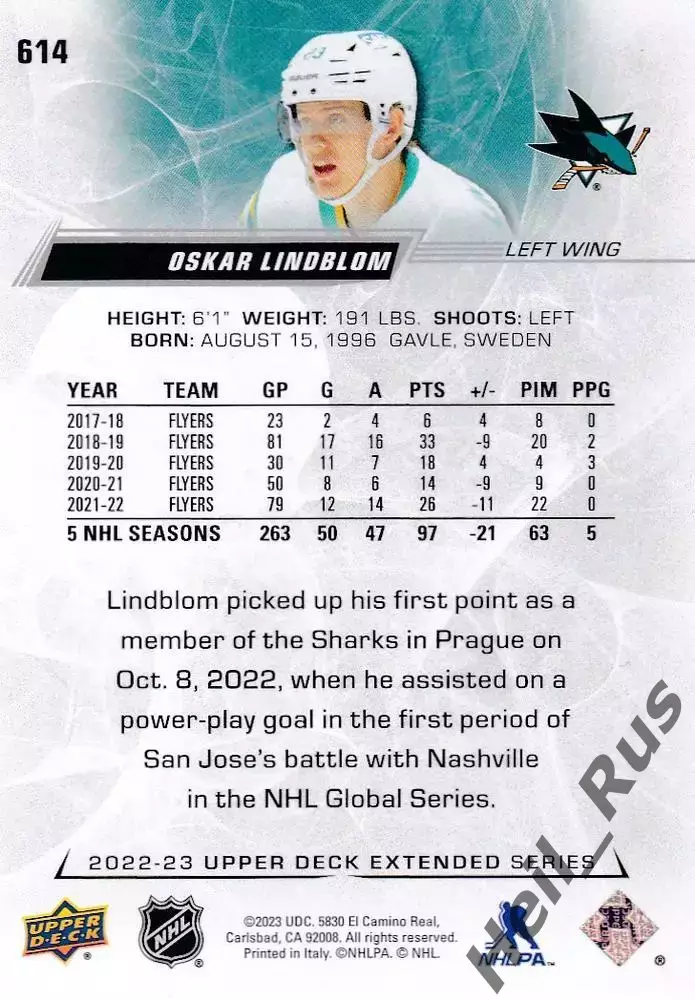 Карточка Oskar Lindblom/Оскар Линдблум (San Jose Sharks/Сан-Хосе Шаркс) НХЛ/NHL 1