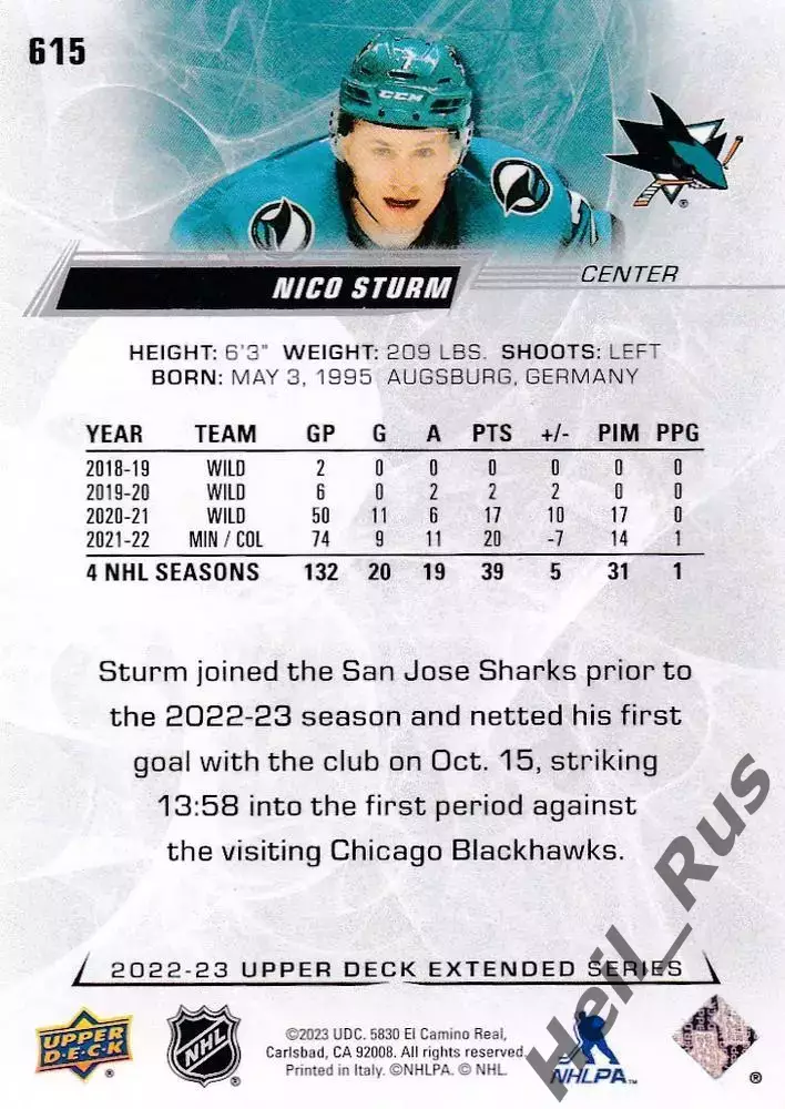 Хоккей. Карточка Nico Sturm/Нико Штурм (San Jose Sharks/Сан-Хосе Шаркс) НХЛ/NHL 1