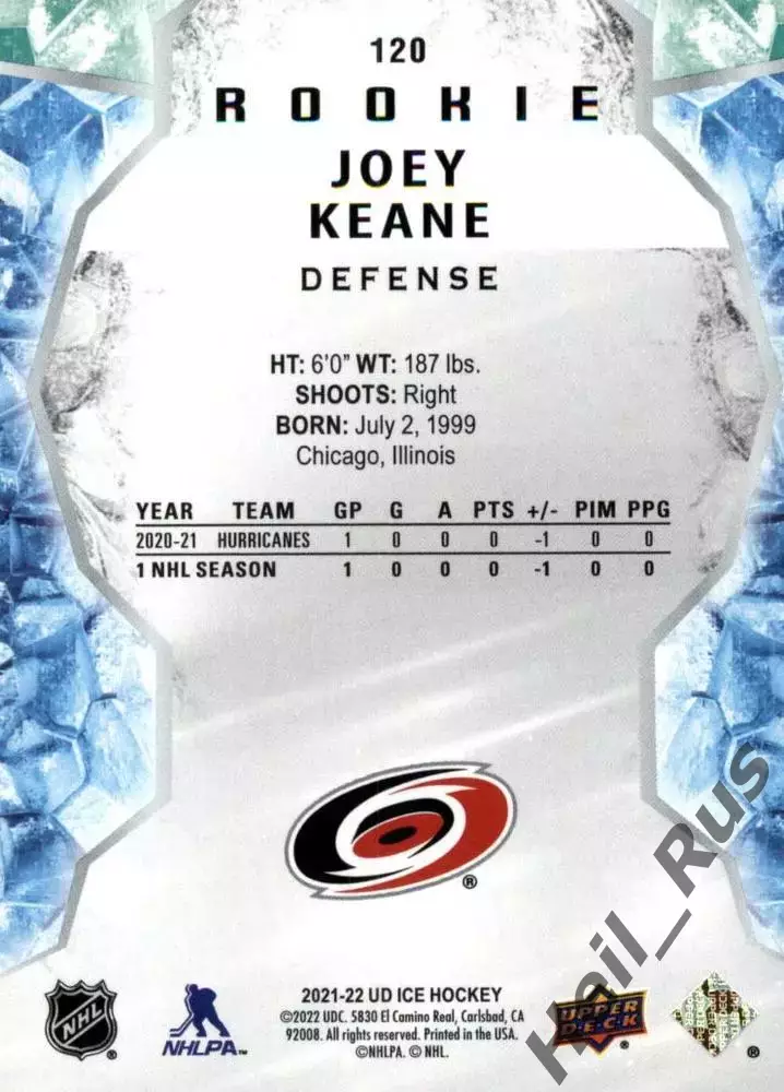 Карточка Джозеф Кин (Carolina Hurricanes/Каролина, Спартак Москва) NHL/НХЛ/КХЛ 1