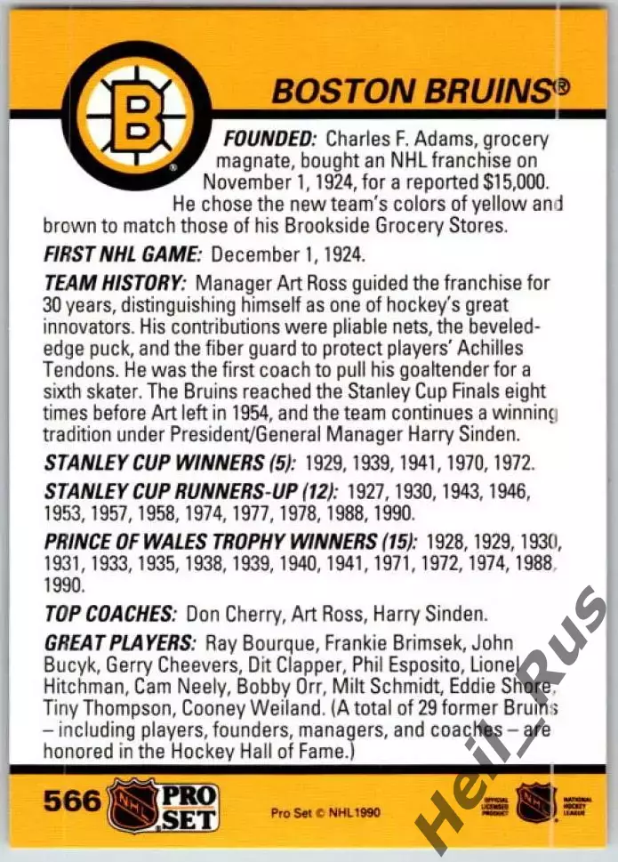 Хоккей. Карточка Логотип/Эмблема Boston Bruins/Бостон Брюинз НХЛ/NHL 1990-1991 1