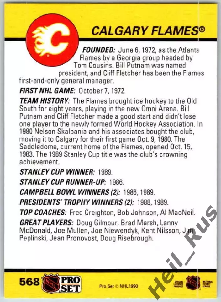 Хоккей. Карточка Логотип/Эмблема Calgary Flames/Калгари Флэймз НХЛ/NHL 1990-1991 1