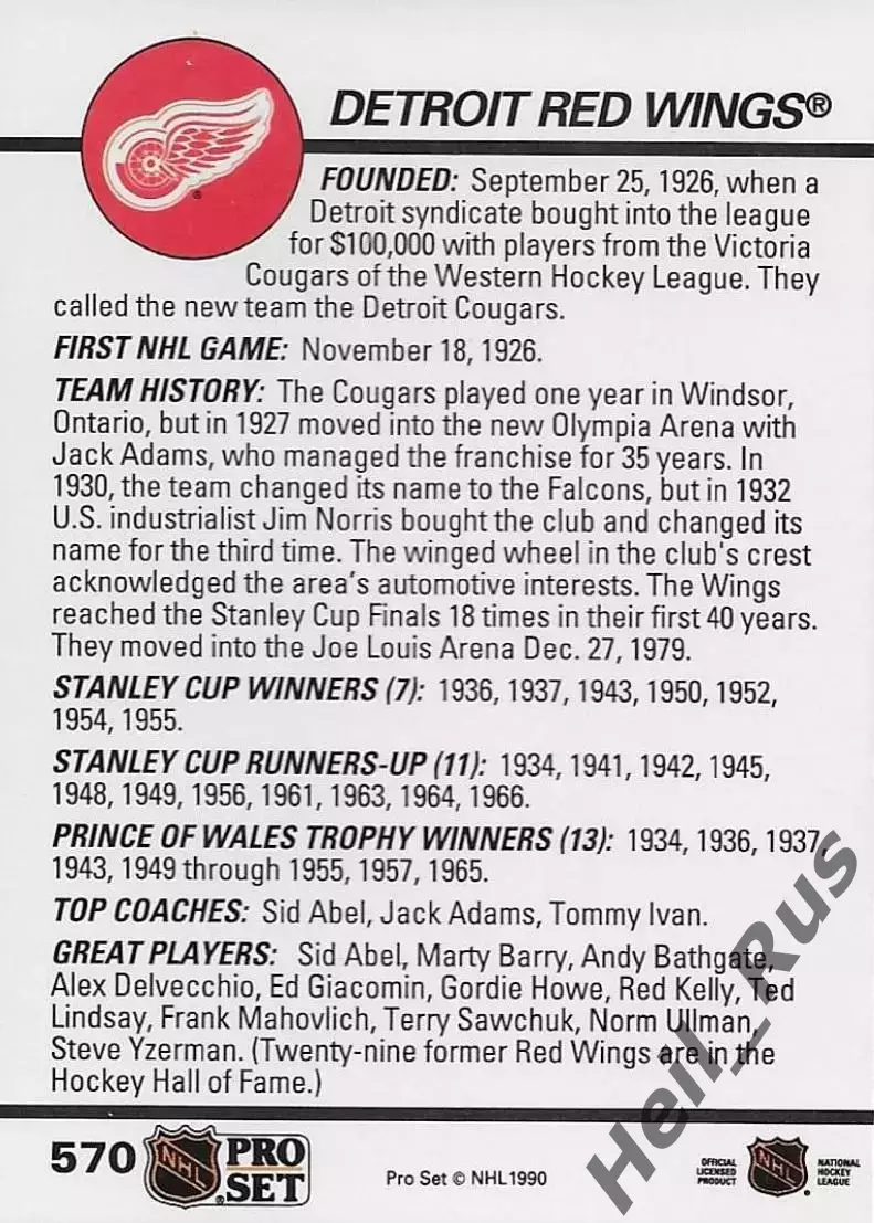 Хоккей. Карточка Логотип/Эмблема Detroit Red Wings/Детройт Ред Уингз НХЛ/NHL 1