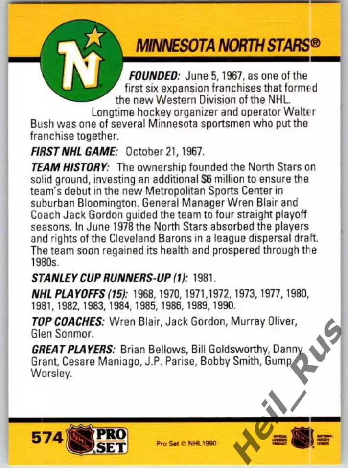 Карточка Логотип/Эмблема Minnesota North Stars/Миннесота Норт Старз НХЛ/NHL 1