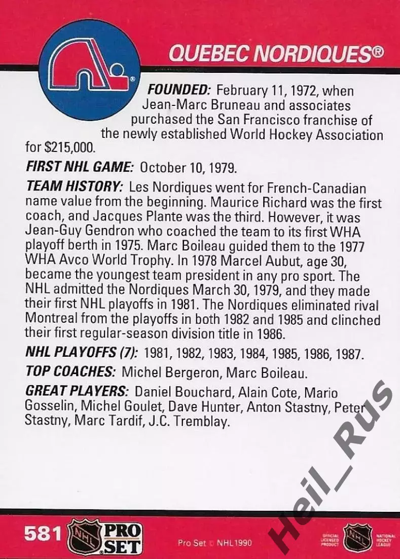 Хоккей. Карточка Логотип/Эмблема Quebec Nordiques/Квебек Нордикс НХЛ/NHL 1990-91 1
