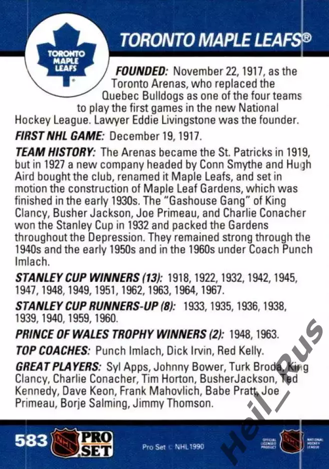 Хоккей. Карточка Логотип/Эмблема Toronto Maple Leafs/Торонто Мейпл Лифс НХЛ/NHL 1