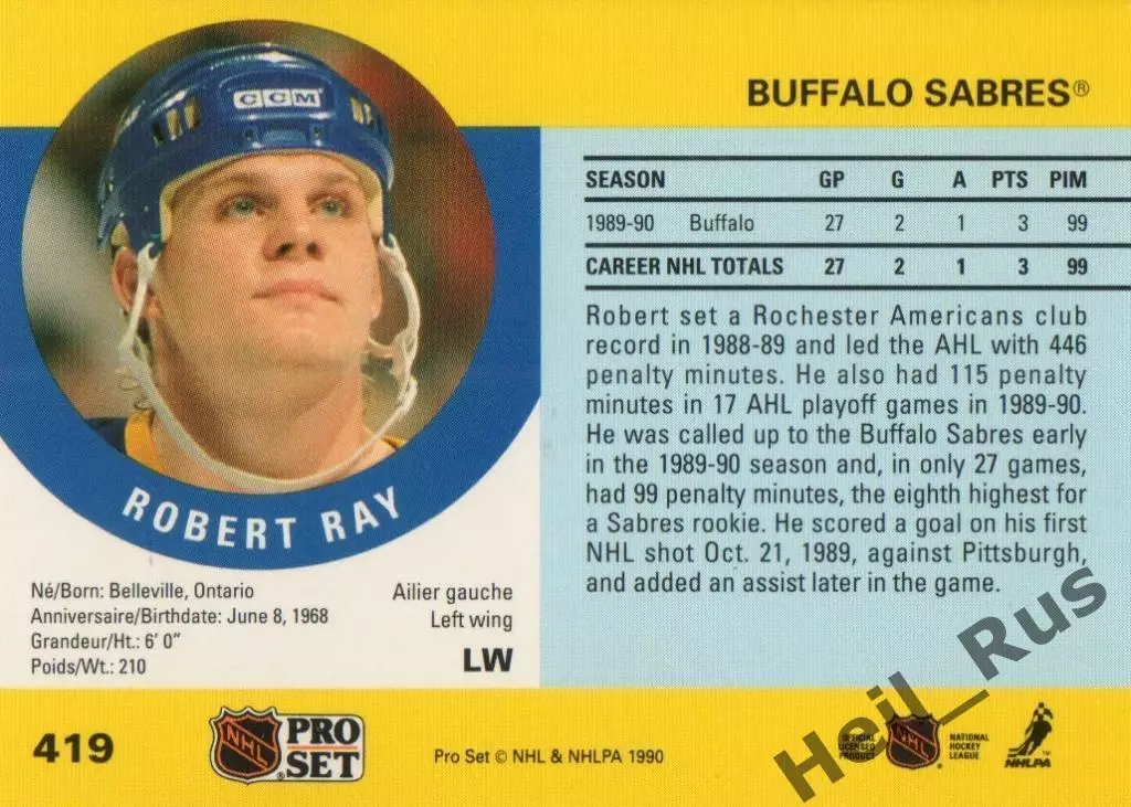 Хоккей. Карточка Robert Ray/Роберт Рэй (Buffalo Sabres/Баффало Сейбрз) НХЛ/NHL 1