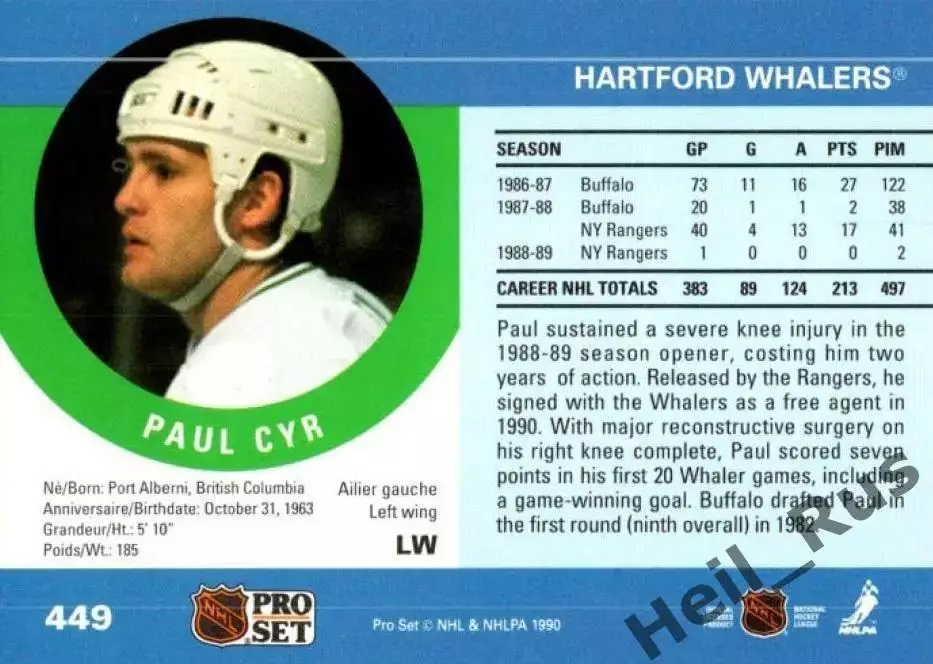 Хоккей. Карточка Paul Cyr/Пол Сир (Hartford Whalers/Хартфорд Уэйлерс) НХЛ/NHL 1