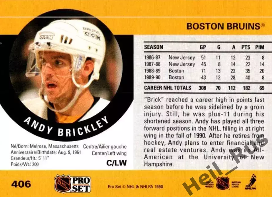 Хоккей Карточка Andy Brickley/Энди Брикли (Boston Bruins/Бостон Брюинз) НХЛ/NHL 1