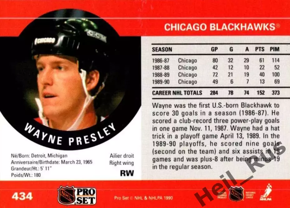 Карточка Wayne Presley/Уэйн Пресли (Chicago Blackhawks/Чикаго Блэкхокс) НХЛ/NHL 1