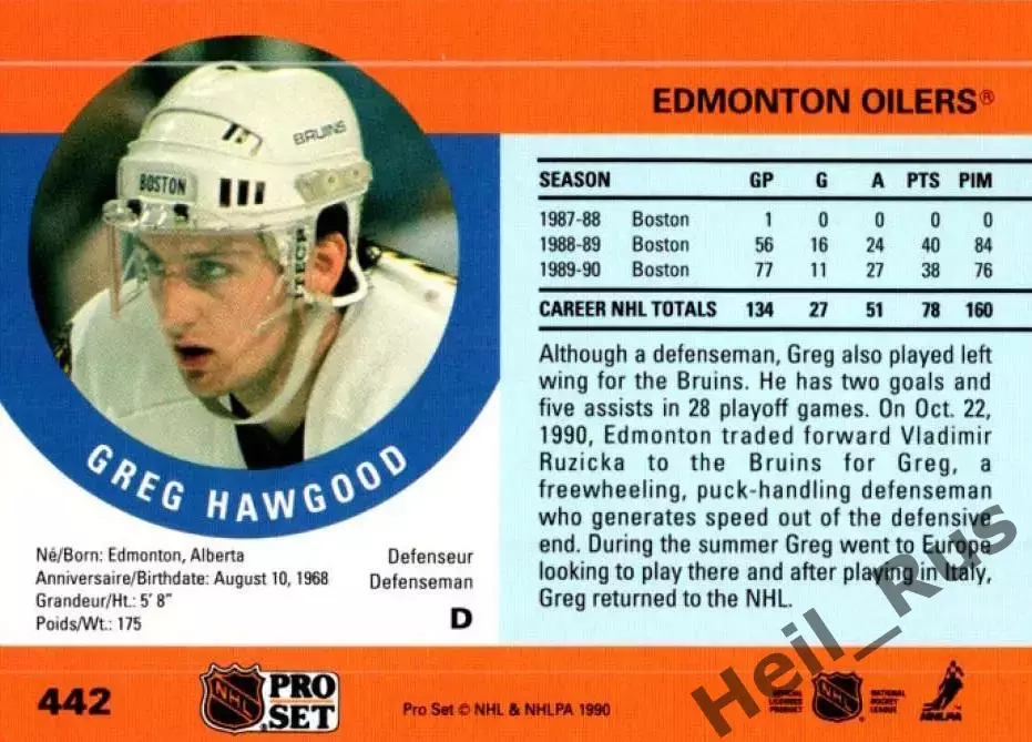 Хоккей Карточка Greg Hawgood/Грег Хоугуд Edmonton Oilers/Эдмонтон Ойлерз НХЛ/NHL 1