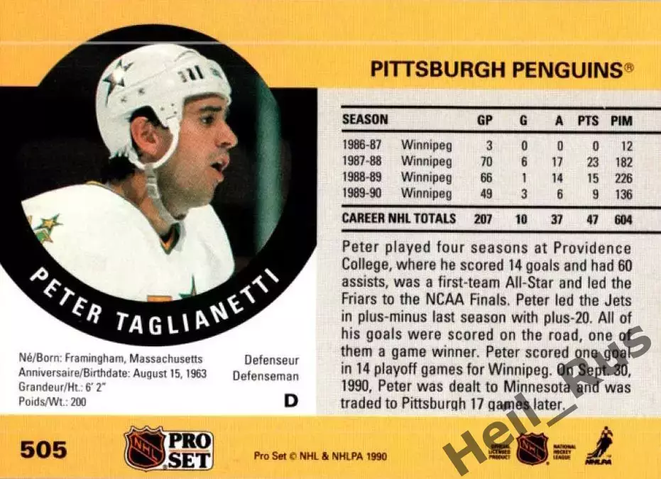 Карточка Питер Таглианетти (Миннесота Норт Старз/Питтсбург Пингвинз) НХЛ/NHL 1