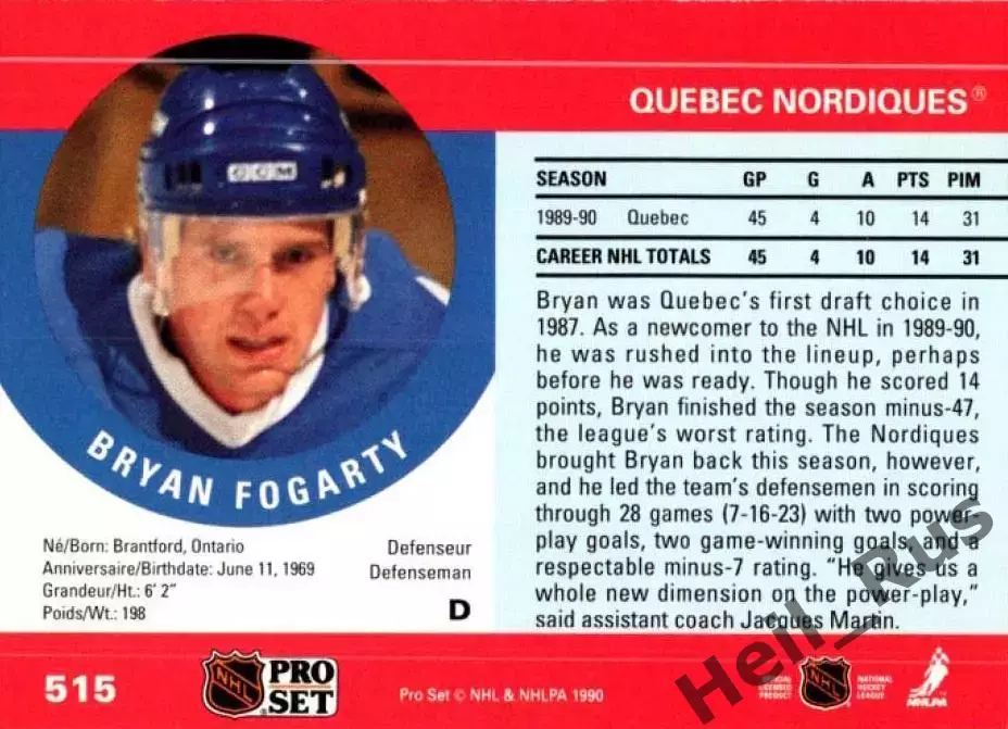 Карточка Bryan Fogarty/Брайан Фогерти (Quebec Nordiques/Квебек Нордикс) НХЛ/NHL 1