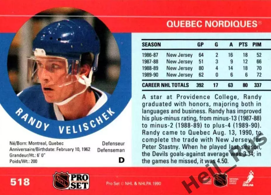 Карточка Randy Velischek/Рэнди Велишек (Quebec Nordiques/Квебек Нордикс) НХЛ/NHL 1