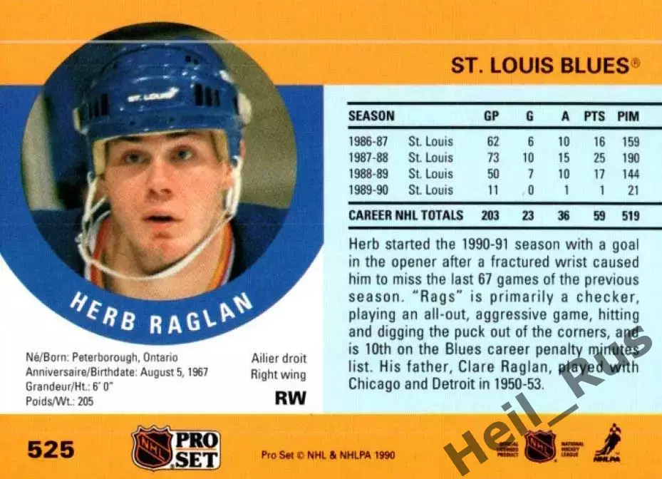 Хоккей. Карточка Herb Raglan/Херб Раглан St. Louis Blues/Сент-Луис Блюз НХЛ/NHL 1