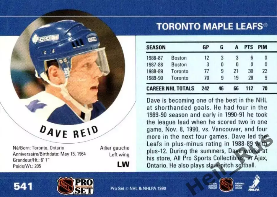 Карточка Dave Reid/Дэвид Рид (Toronto Maple Leafs/Торонто Мейпл Лифс) НХЛ/NHL 1