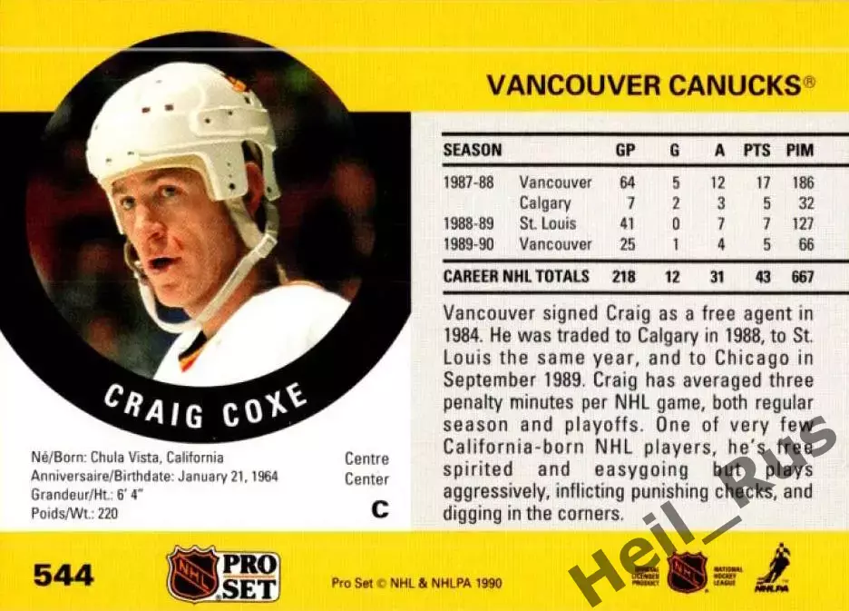 Хоккей. Карточка Craig Coxe/Крэйг Кокс Vancouver Canucks/Ванкувер Кэнакс НХЛ/NHL 1