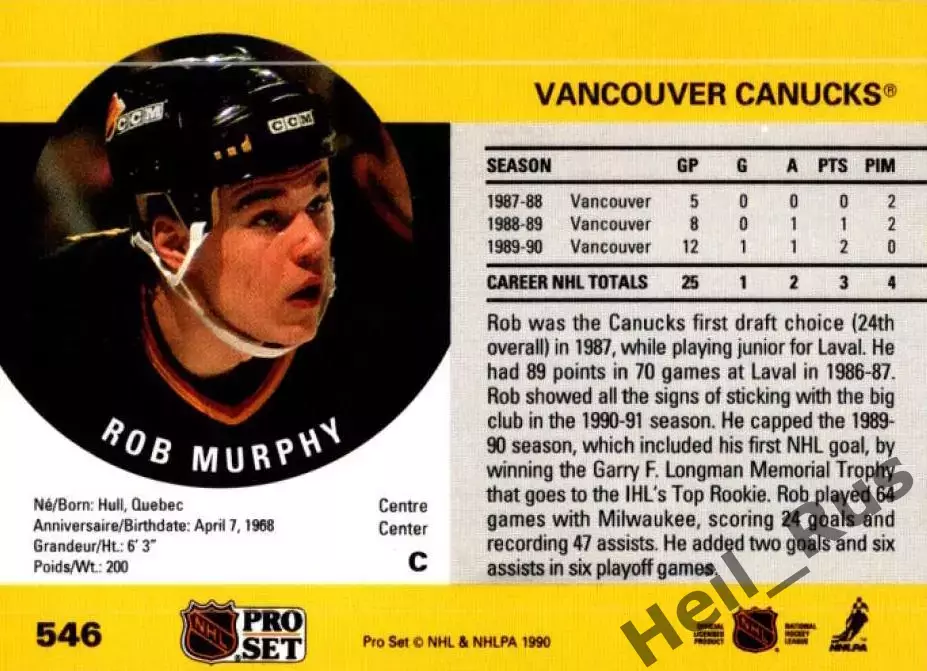 Хоккей. Карточка Rob Murphy/Роб Мерфи Vancouver Canucks/Ванкувер Кэнакс НХЛ/NHL 1