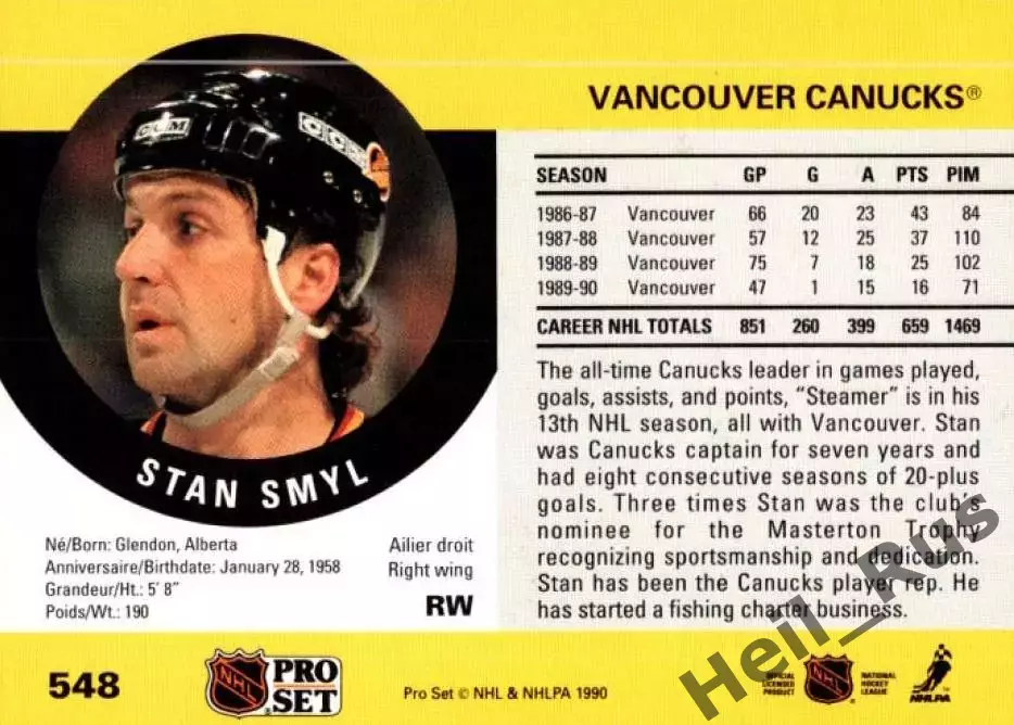 Хоккей. Карточка Stan Smyl/Стэн Смил (Vancouver Canucks/Ванкувер Кэнакс) NHL/НХЛ 1