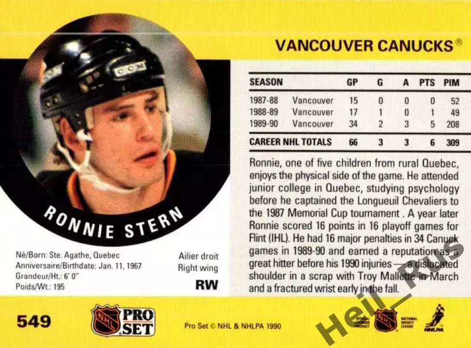 Карточка Ronnie Stern/Ронни Штерн (Vancouver Canucks/Ванкувер Кэнакс) НХЛ/NHL 1