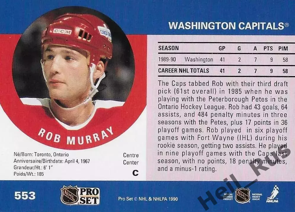 Карточка Rob Murray/Роб Мюррей (Washington Capitals/Вашингтон Кэпиталз) НХЛ/NHL 1
