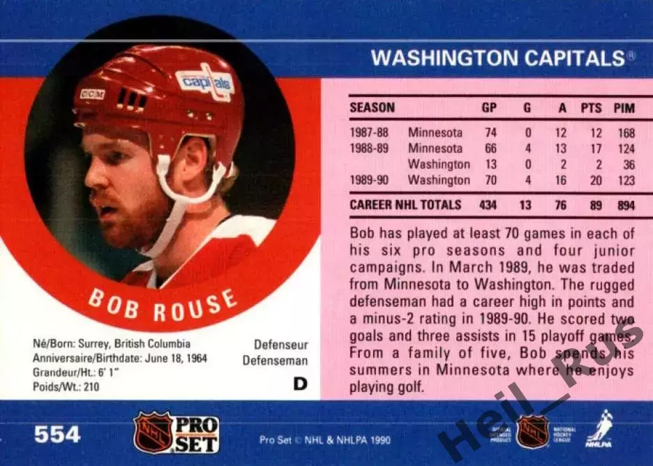 Карточка Bob Rouse/Роберт Роуз (Washington Capitals/Вашингтон Кэпиталз) НХЛ/NHL 1
