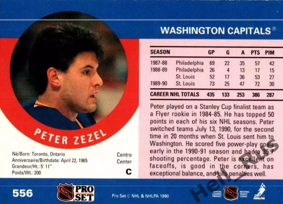 Карточка Peter Zezel/Питер Зезель (Сент-Луис Блюз/Вашингтон Кэпиталз) НХЛ/NHL 1